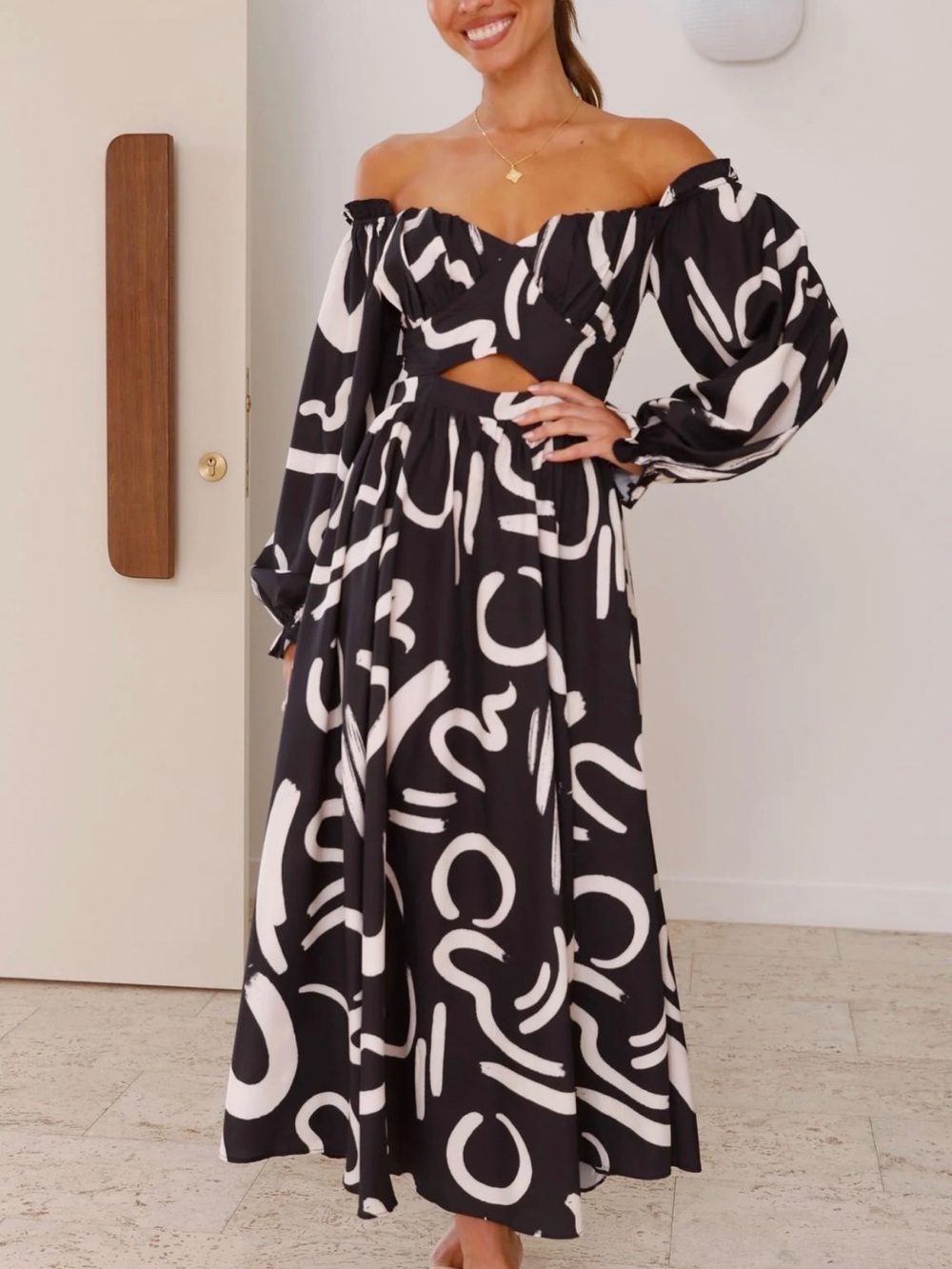 Off-Shoulder Black & White Patterned Maxi Dress with Side Slit - Picture 3 of 13
